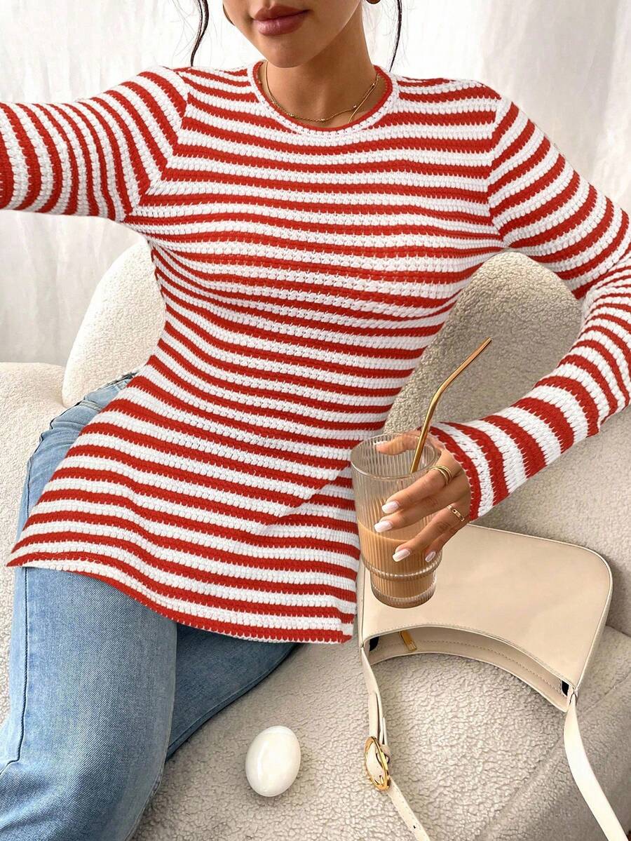 SHEIN Frenchy Women Casual Striped Long Sleeve T-Shirt With Slit Hem,Tight Turtleneck, Textured Fabric ,Commute,Minimalist,Office,Old Money,Simple,Autumn/Winter,