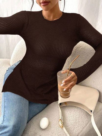 SHEIN Frenchy Women Casual Striped Long Sleeve T-Shirt With Slit Hem,Tight Turtleneck, Textured Fabric ,Commute,Minimalist,Office,Old Money,Simple,Autumn/Winter,