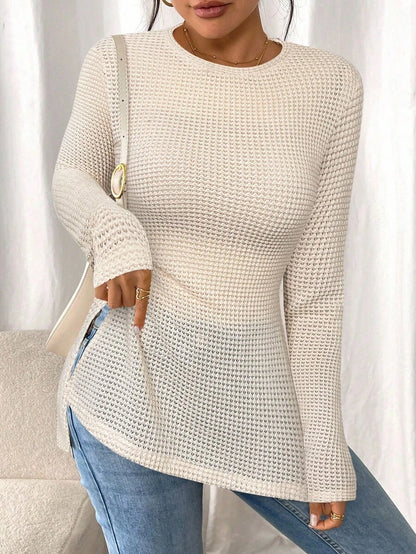 SHEIN Frenchy Women Casual Striped Long Sleeve T-Shirt With Slit Hem,Tight Turtleneck, Textured Fabric ,Commute,Minimalist,Office,Old Money,Simple,Autumn/Winter,