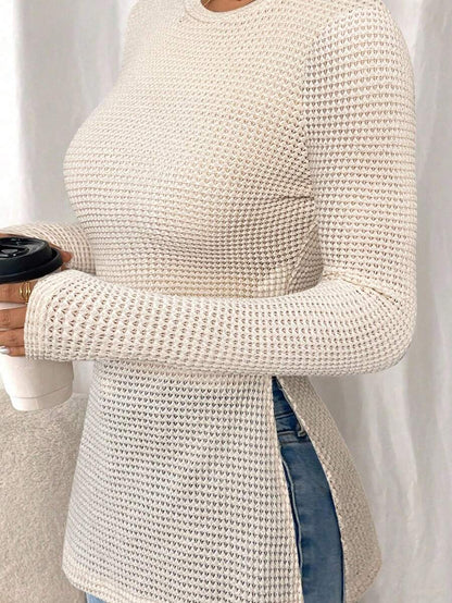 SHEIN Frenchy Women Casual Striped Long Sleeve T-Shirt With Slit Hem,Tight Turtleneck, Textured Fabric ,Commute,Minimalist,Office,Old Money,Simple,Autumn/Winter,