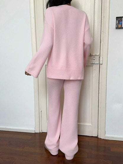 Flirla 2pcs Women Colorblock Rib-Trim Round Neck Long Sleeve Sweater And Pants Set Fall Winter Cloth For Women