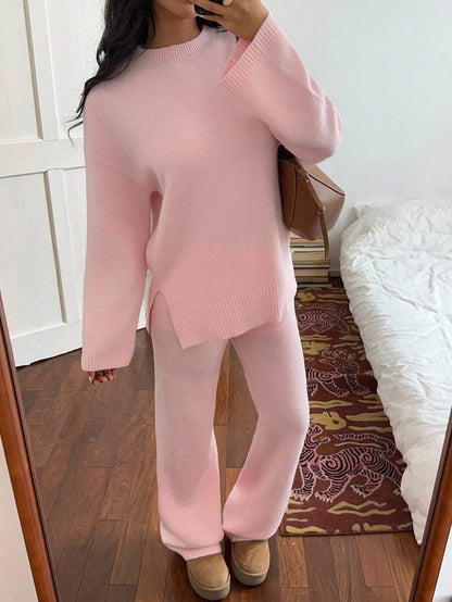 Flirla 2pcs Women Colorblock Rib-Trim Round Neck Long Sleeve Sweater And Pants Set Fall Winter Cloth For Women