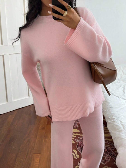 Flirla 2pcs Women Colorblock Rib-Trim Round Neck Long Sleeve Sweater And Pants Set Fall Winter Cloth For Women