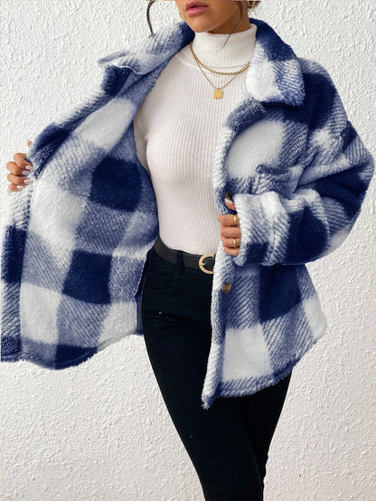 INAWLY Jaqueta feminina casual xadrez felpuda com botões frontais para uso diário no outono/inverno