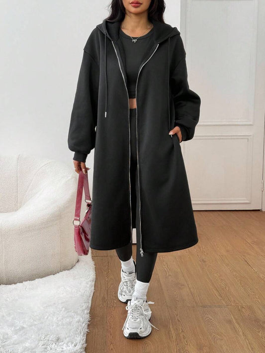 SHEIN PETITE Jaqueta longa com capuz preta feminina com forro térmico, lançamento outono/inverno