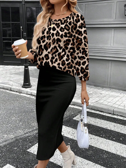SHEIN LUNE Conjunto de camiseta feminina com gola redonda e manga morcego e saia reta justa, tecido com textura canelada felpuda, elegante para deslocamento casual, quente para outono/inverno