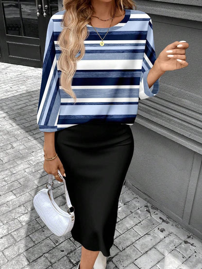 SHEIN LUNE Conjunto de camiseta feminina com gola redonda e manga morcego e saia reta justa, tecido com textura canelada felpuda, elegante para deslocamento casual, quente para outono/inverno