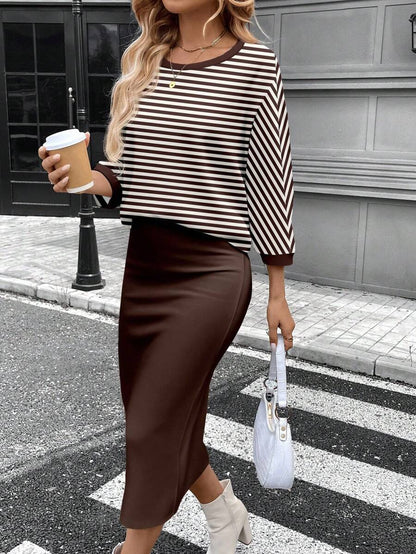 SHEIN LUNE Conjunto de camiseta feminina com gola redonda e manga morcego e saia reta justa, tecido com textura canelada felpuda, elegante para deslocamento casual, quente para outono/inverno