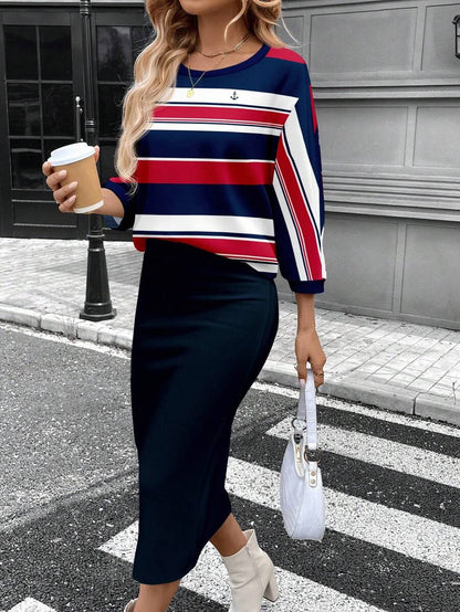 SHEIN LUNE Conjunto de camiseta feminina com gola redonda e manga morcego e saia reta justa, tecido com textura canelada felpuda, elegante para deslocamento casual, quente para outono/inverno