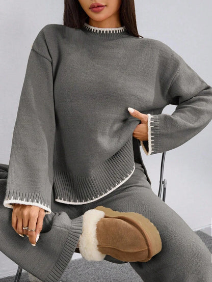 Flirla 2pcs Women Colorblock Rib-Trim Round Neck Long Sleeve Sweater And Pants Set Fall Winter Cloth For Women