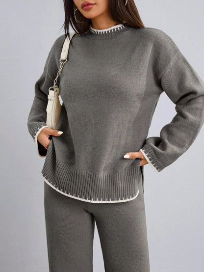 Flirla 2pcs Women Colorblock Rib-Trim Round Neck Long Sleeve Sweater And Pants Set Fall Winter Cloth For Women