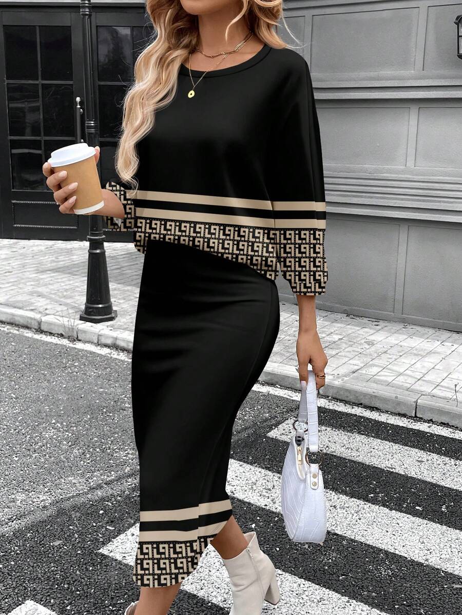 SHEIN LUNE Conjunto de camiseta feminina com gola redonda e manga morcego e saia reta justa, tecido com textura canelada felpuda, elegante para deslocamento casual, quente para outono/inverno