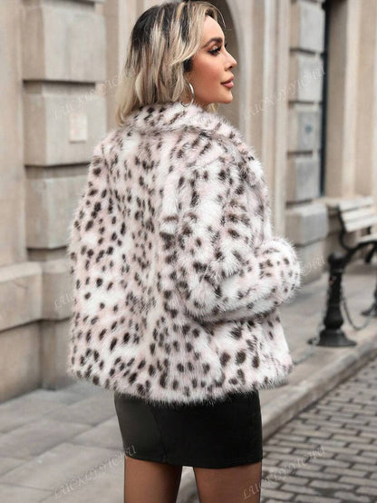Jaqueta feminina elegante e estilosa com estampa de leopardo e gola de pele sintética, adequada para uso diário, festas e uso urbano, outono/inverno