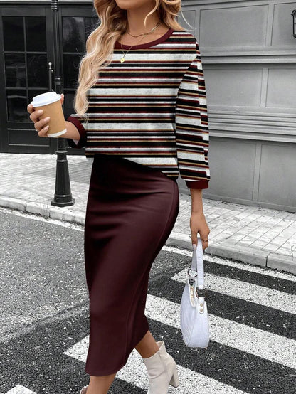 SHEIN LUNE Conjunto de camiseta feminina com gola redonda e manga morcego e saia reta justa, tecido com textura canelada felpuda, elegante para deslocamento casual, quente para outono/inverno