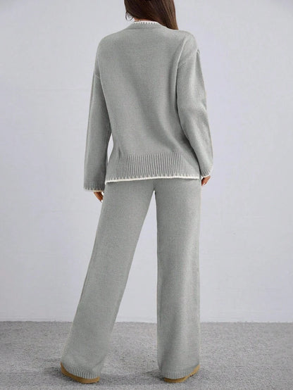 Flirla 2pcs Women Colorblock Rib-Trim Round Neck Long Sleeve Sweater And Pants Set Fall Winter Cloth For Women