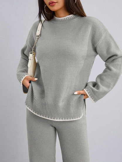 Flirla 2pcs Women Colorblock Rib-Trim Round Neck Long Sleeve Sweater And Pants Set Fall Winter Cloth For Women