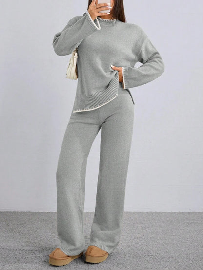 Flirla 2pcs Women Colorblock Rib-Trim Round Neck Long Sleeve Sweater And Pants Set Fall Winter Cloth For Women