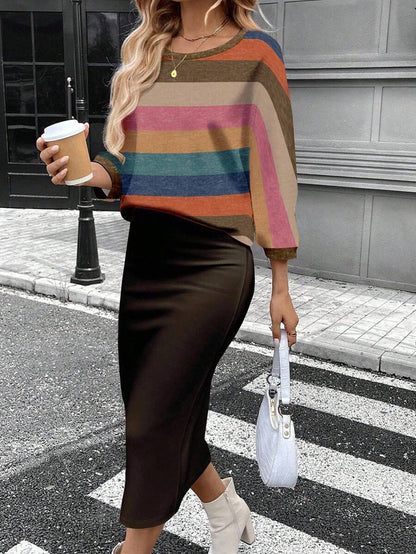 SHEIN LUNE Conjunto de camiseta feminina com gola redonda e manga morcego e saia reta justa, tecido com textura canelada felpuda, elegante para deslocamento casual, quente para outono/inverno