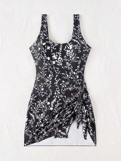 Swim Lushoire 1pc Women Plants Print Tie Side One-Piece Swimsuit, For Summer Beach Vacation