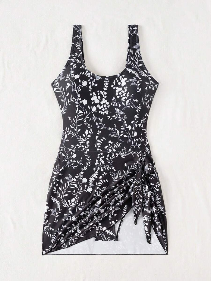 Swim Lushoire 1pc Women Plants Print Tie Side One-Piece Swimsuit, For Summer Beach Vacation
