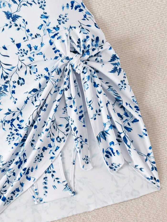 Swim Lushoire 1pc Women Plants Print Tie Side One-Piece Swimsuit, For Summer Beach Vacation