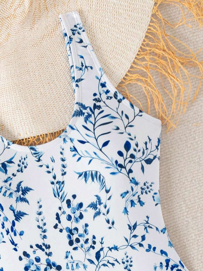 Swim Lushoire 1pc Women Plants Print Tie Side One-Piece Swimsuit, For Summer Beach Vacation