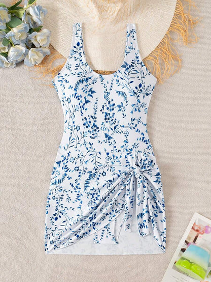 Swim Lushoire 1pc Women Plants Print Tie Side One-Piece Swimsuit, For Summer Beach Vacation