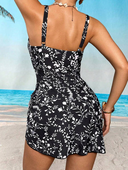 Swim Lushoire 1pc Women Plants Print Tie Side One-Piece Swimsuit, For Summer Beach Vacation