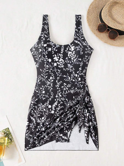 Swim Lushoire 1pc Women Plants Print Tie Side One-Piece Swimsuit, For Summer Beach Vacation