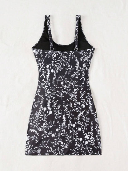 Swim Lushoire 1pc Women Plants Print Tie Side One-Piece Swimsuit, For Summer Beach Vacation