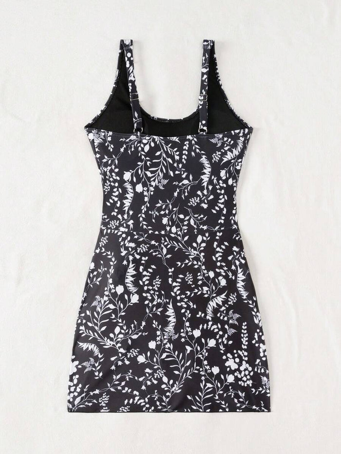 Swim Lushoire 1pc Women Plants Print Tie Side One-Piece Swimsuit, For Summer Beach Vacation