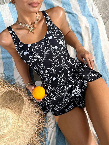 Swim Lushoire 1pc Women Plants Print Tie Side One-Piece Swimsuit, For Summer Beach Vacation