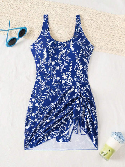 Swim Lushoire 1pc Women Plants Print Tie Side One-Piece Swimsuit, For Summer Beach Vacation