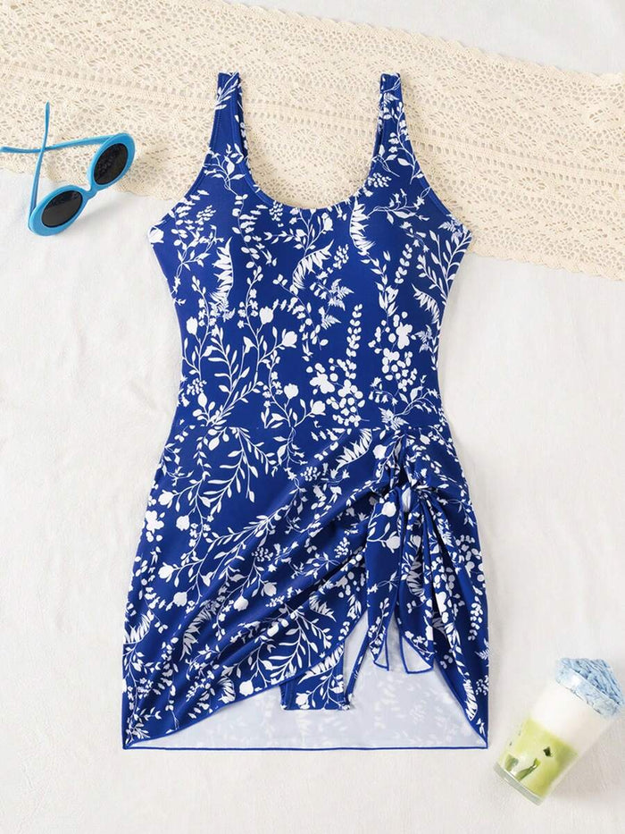Swim Lushoire 1pc Women Plants Print Tie Side One-Piece Swimsuit, For Summer Beach Vacation
