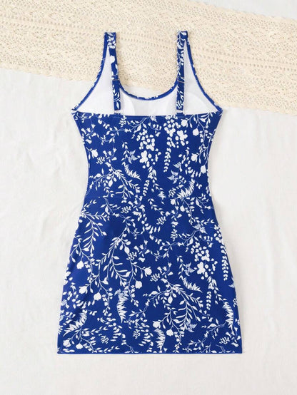 Swim Lushoire 1pc Women Plants Print Tie Side One-Piece Swimsuit, For Summer Beach Vacation