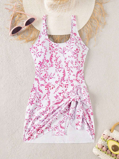 Swim Lushoire 1pc Women Plants Print Tie Side One-Piece Swimsuit, For Summer Beach Vacation