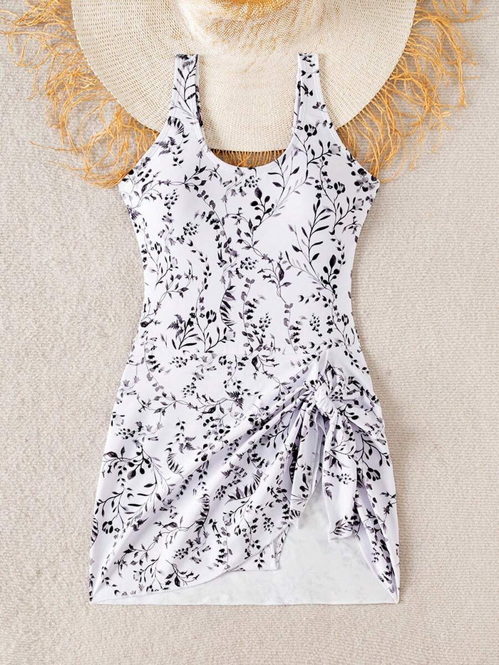 Swim Lushoire 1pc Women Plants Print Tie Side One-Piece Swimsuit, For Summer Beach Vacation