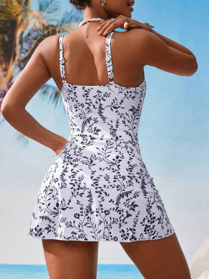 Swim Lushoire 1pc Women Plants Print Tie Side One-Piece Swimsuit, For Summer Beach Vacation