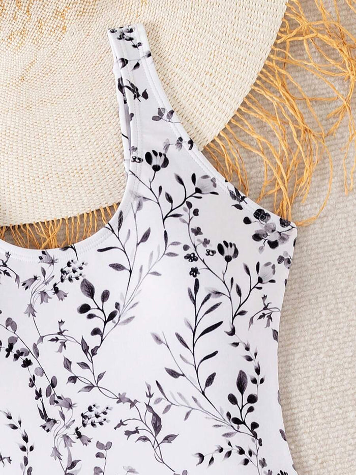 Swim Lushoire 1pc Women Plants Print Tie Side One-Piece Swimsuit, For Summer Beach Vacation