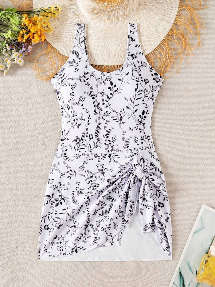 Swim Lushoire 1pc Women Plants Print Tie Side One-Piece Swimsuit, For Summer Beach Vacation