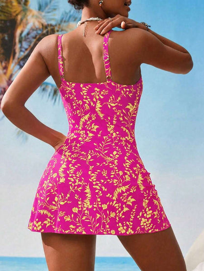 Swim Lushoire 1pc Women Plants Print Tie Side One-Piece Swimsuit, For Summer Beach Vacation