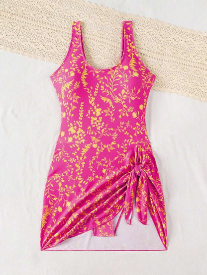 Swim Lushoire 1pc Women Plants Print Tie Side One-Piece Swimsuit, For Summer Beach Vacation