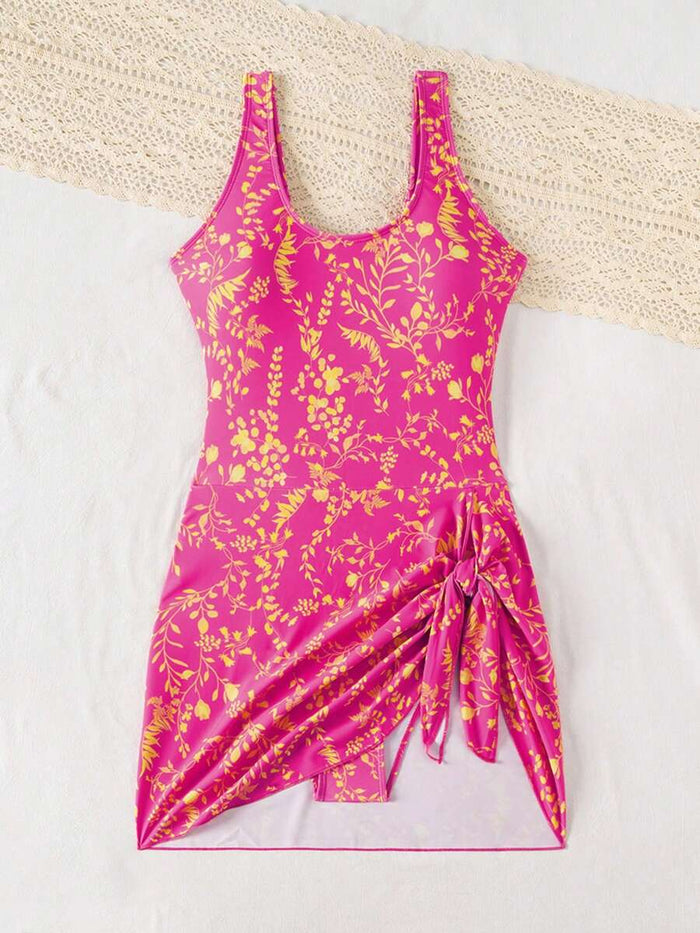 Swim Lushoire 1pc Women Plants Print Tie Side One-Piece Swimsuit, For Summer Beach Vacation