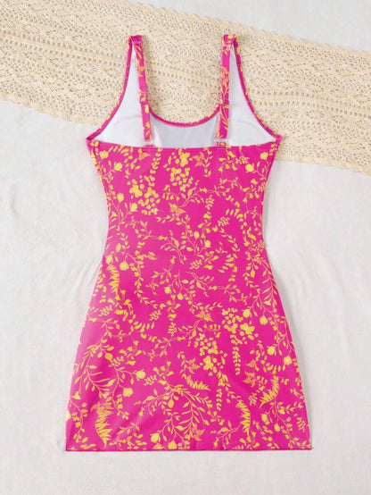 Swim Lushoire 1pc Women Plants Print Tie Side One-Piece Swimsuit, For Summer Beach Vacation