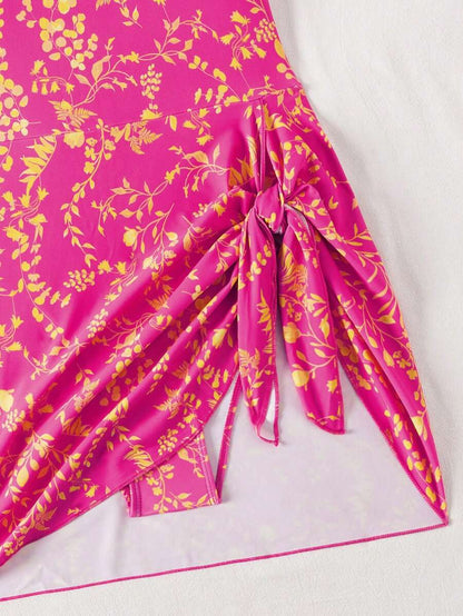 Swim Lushoire 1pc Women Plants Print Tie Side One-Piece Swimsuit, For Summer Beach Vacation