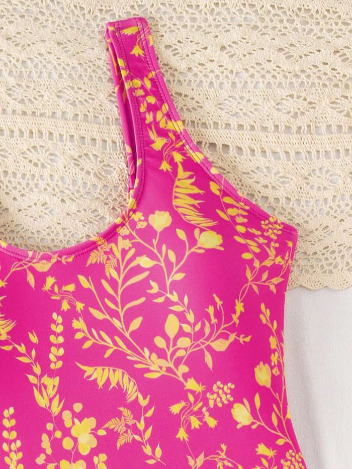 Swim Lushoire 1pc Women Plants Print Tie Side One-Piece Swimsuit, For Summer Beach Vacation