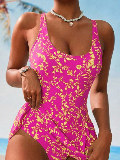Swim Lushoire 1pc Women Plants Print Tie Side One-Piece Swimsuit, For Summer Beach Vacation
