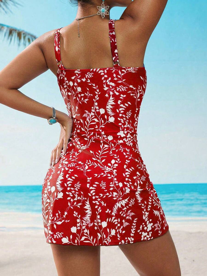 Swim Lushoire 1pc Women Plants Print Tie Side One-Piece Swimsuit, For Summer Beach Vacation