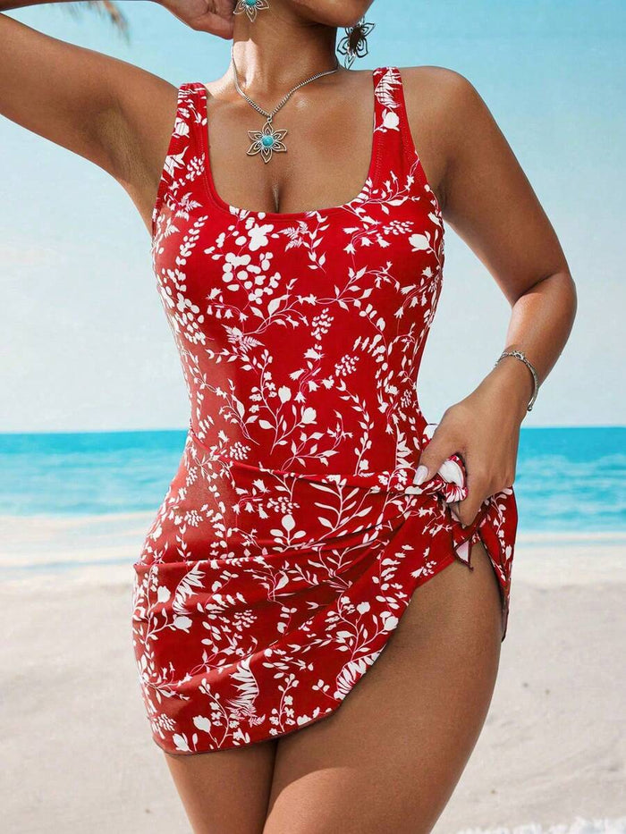 Swim Lushoire 1pc Women Plants Print Tie Side One-Piece Swimsuit, For Summer Beach Vacation