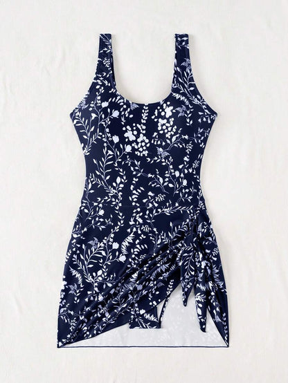 Swim Lushoire 1pc Women Plants Print Tie Side One-Piece Swimsuit, For Summer Beach Vacation